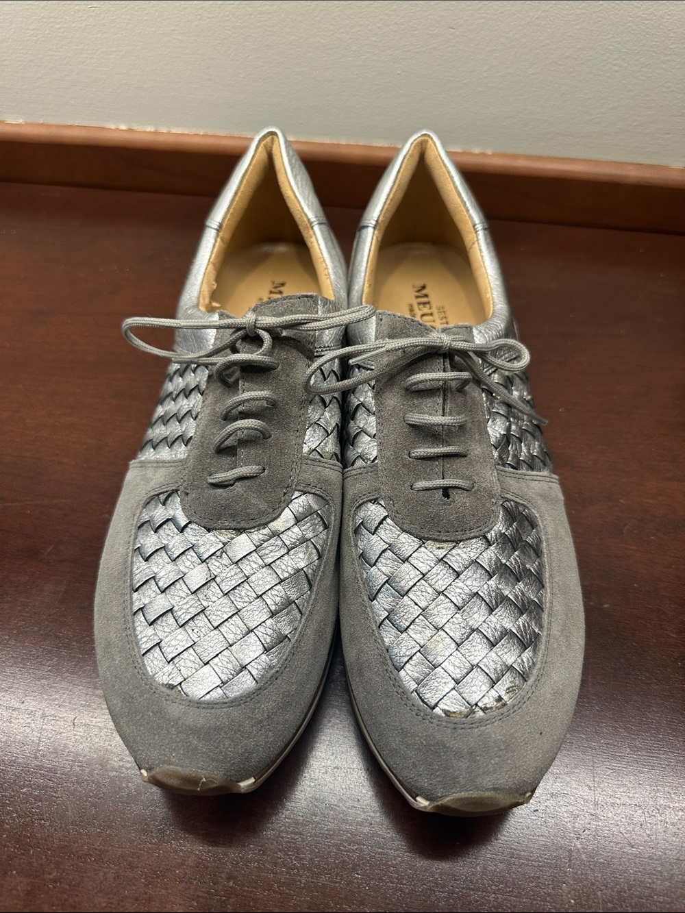 Sesto Meucci Silver Woven Lace-Up Sneakers, Size 9.5N